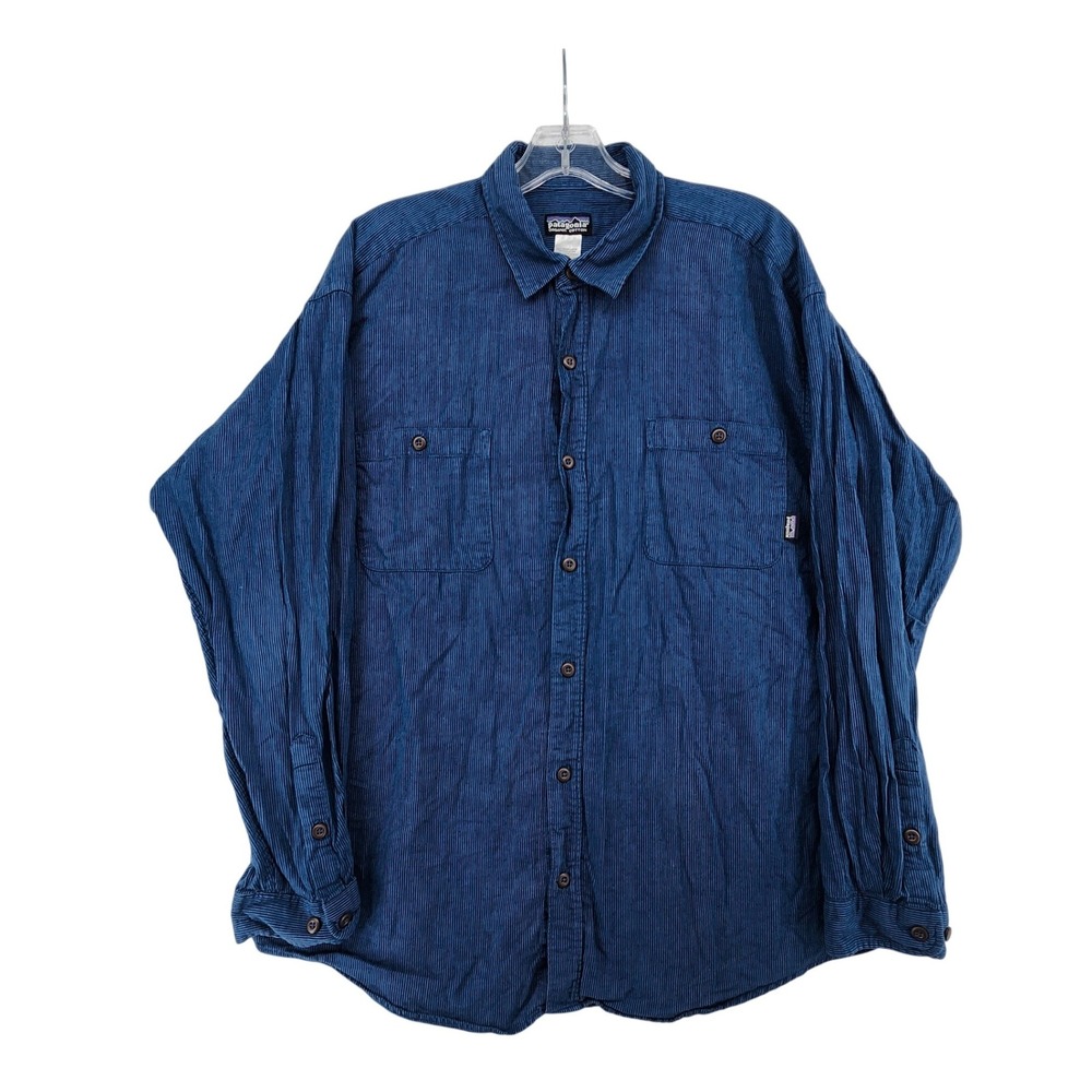 Patagonia Large Blue Herringbone Cotton Button Down Shirt Gorpcore Outdoor Hike